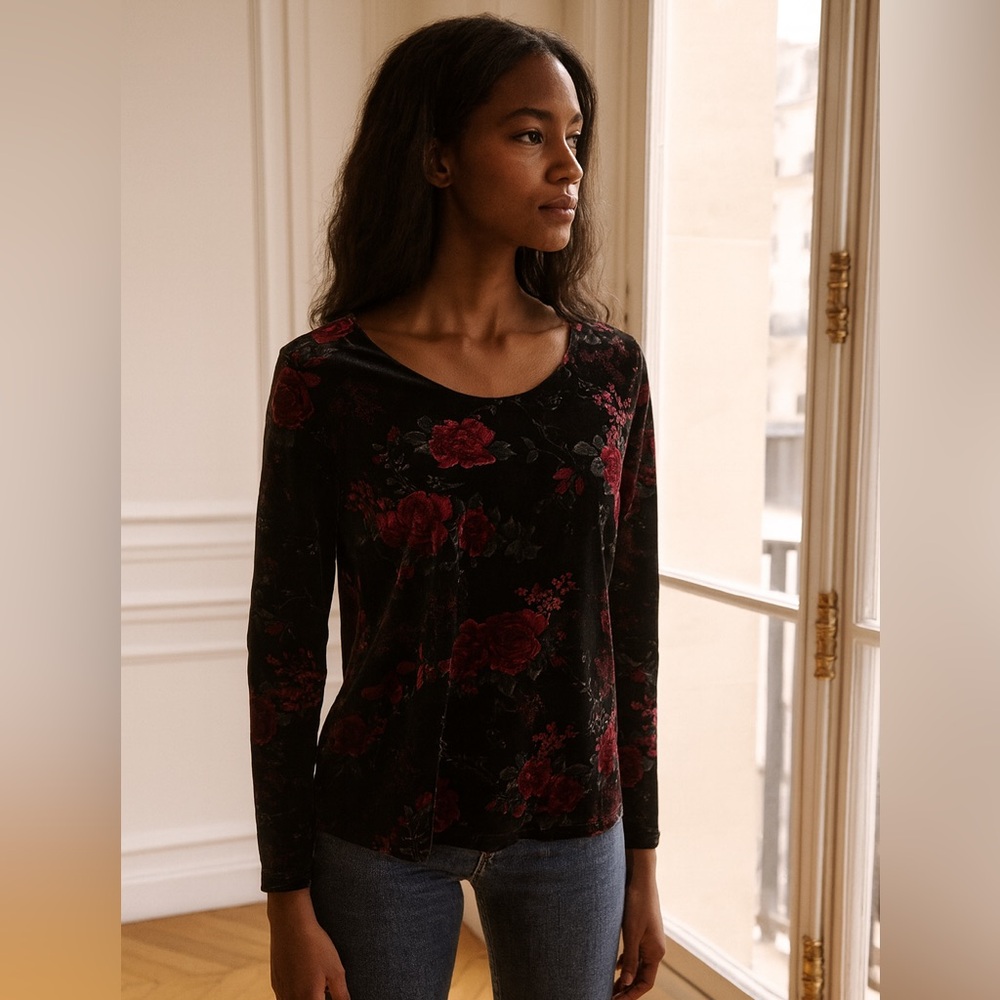 Vintage Y2K Anthony Richards Velvet Top Dark Floral Whimsigoth Witchy USA Medium